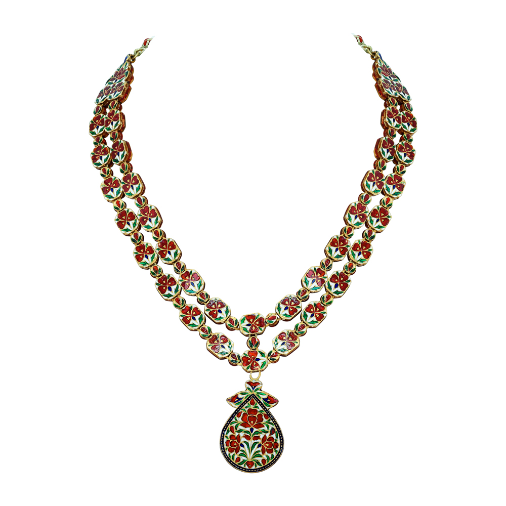 Double-Layer Polki Necklace with Red Enamel and Floral Pendant